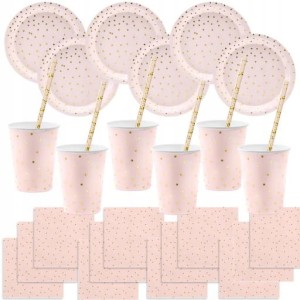 Zestaw Talerzyki Kubki Serwetki Słomki różowe