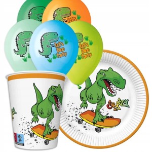 Zestaw urodzinowy dinozaur talerze kKubki balon 21x
