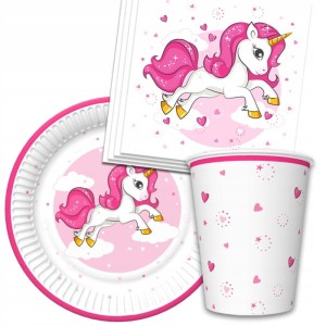 Zestaw jednorożec,  talerze, kubki, serwetki, 18cm, 250 ml.