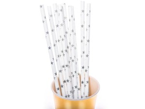 Słomki papierowe białe w srebrne gwiazdki