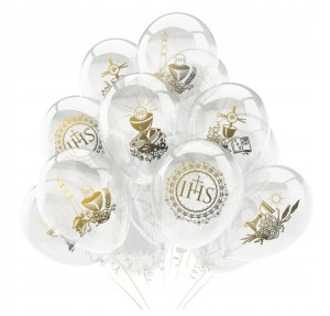 Balony komunijne z nadrukiem, przeźroczyste, 20 szt.,