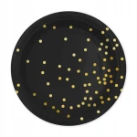 Talerze papierowe czarne w złote kropki,  17cm.