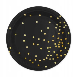 Talerze papierowe czarne w złote kropki,  17cm.