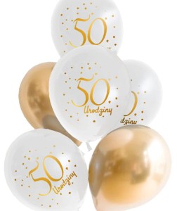 Balony białe z nadrukiem "50 Urodziny" 6 szt.