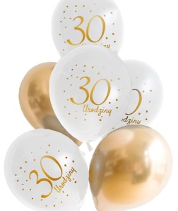 Balony białe z nadrukiem "30 Urodziny" 6 szt.