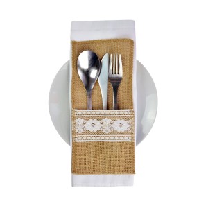 Jutowe etui na sztućce z koronką (2 szt.)