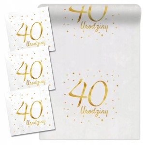Zestaw na 40 urodziny, biały, serwetki, bieżnik.