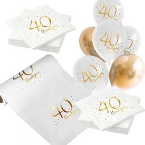 Zestaw na 40 urodziny, biały, serwetki, bieżnik, balony.