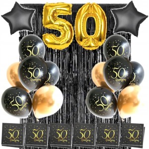 Zestaw na 50 urodziny, balony, serwetki, kurtyna.