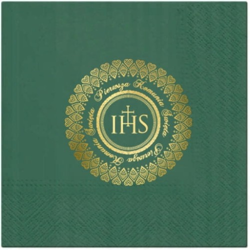 Serwetki-Komunijne-butelkowa-zielen-zlota-Hostia-IHS-Pierwsza-Komunia.jpg
