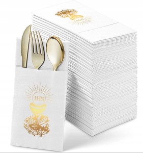 Kieszonki na sztućce białe ze złoceniem Kielich 12szt.