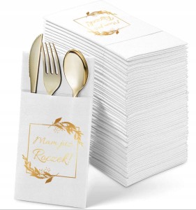 Kieszonki na sztućce białe ze złoceniem Roczek 12szt. 