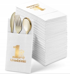 Kieszonki na sztućce białe ze złoceniem Roczek 12szt.