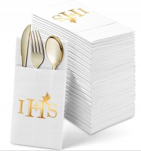 Kieszonki na sztućce białe ze złoceniem IHS komunijne 12szt. 