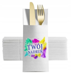Kieszonki na sztućce białe z logo, własny nadruk 50 szt.
