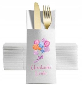 Kieszonki na sztućce białe personalizowane z balonikami 12 szt. 