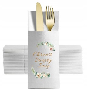 Kieszonki na sztućce białe personalizowane na chrzest 12 szt. 