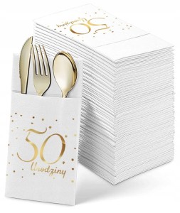 Białe Kieszonki na Sztućce "50 Urodziny", 12 szt.