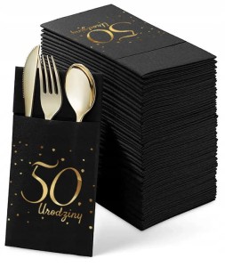 Czarne Kieszonki na Sztućce "50 Urodziny", 12 szt.