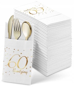 Białe Kieszonki na Sztućce "60 Urodziny", 12 szt.