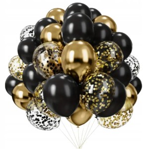 Zestaw Balonów Czarno-Złote, Glossy, z Konfetti