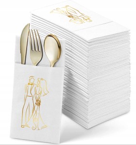 Ślubne Kieszonki na Sztućce ze Złoconym Wzorem, 12 szt.