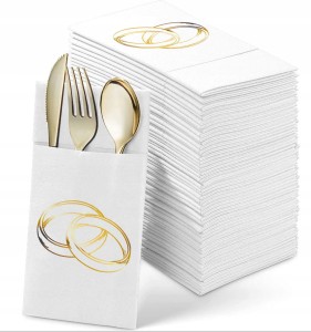 Ślubne Kieszonki na Sztućce ze Złoconymi Obrączkami, 12 szt.