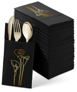 Czarne Kieszonki na Sztućce ze Złoconą Lilią, 12 szt