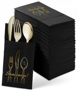 Czarne Kieszonki na Sztućce ze Złoconym Wzorem, 12 szt
