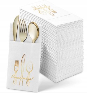Białe Kieszonki na Sztućce ze Złoconym Wzorem, 12 szt