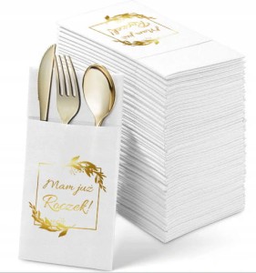 Białe Kieszonki na Sztućce Na Roczek, Złocone 12 szt.