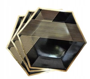 Talerzyki papierowe czarne w złote paski 18cm 6szt.