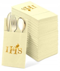 Kieszonki na sztućce kremowe "IHS" 12 szt. Komunijne