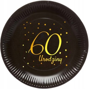 Talerze papierowe czarne 23 cm "60 Urodziny" 6 szt.