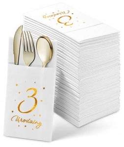 Kieszonki na Sztućce Białe 3 Urodziny, 12 szt., 20x8 cm
