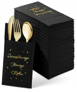 Serwetki kieszonki na sztućce czarne Szczęsliwgo Nowego Roku Sylwester