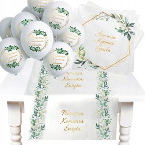 Zestaw dekoracji komunijnych – balony, serwetki, bieżnik 2,4 m