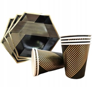 Kubeczki Talerzyki Czarne Złote paski Zestaw sześciokątne 12szt
