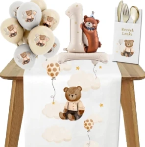 Personalizowany Zestaw Dekoracji na Roczek Bieżnik Duży Balon Imię Miś