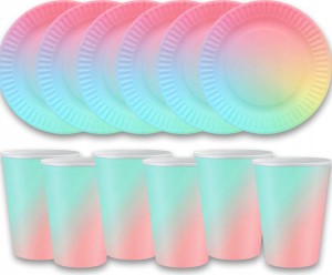 Tęczowy zestaw kubeczków i talerzyków na imprezę 12 szt.