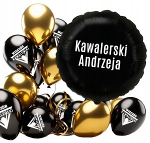 Zestaw balonów na Wieczór Kawalerski, personalizowany czarno-złoty. Imię