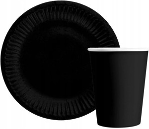 Zestaw Czarne Kubki i Talerze Papierowe