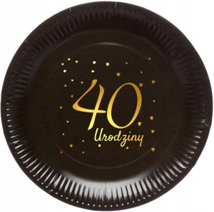 Talerzyki papierowe czarne pozłacane "40 Urodziny" - 6 szt.