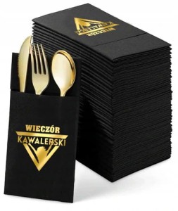 Kieszonki na sztućce czarne Wieczór Kawalerski, 24x24cm