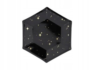 Talerzyki Papierowe Heksagon Czarne ze Złotymi Gwiazdkami