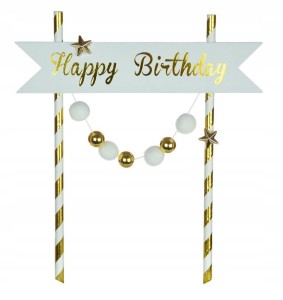 Dekoracja na Tort topper Happy Birthday złote pomponiki 1szt.