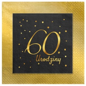 Serwetki papierowe stare złoto czarne 60 urodziny 24szt.