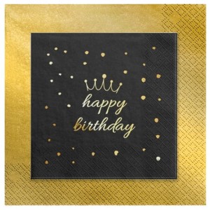 Serwetki czarne napis Happy Birthday stare złoto 24szt