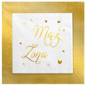 Serwetki Ślubne białe napis Mąż Żona stare złoto 24szt.