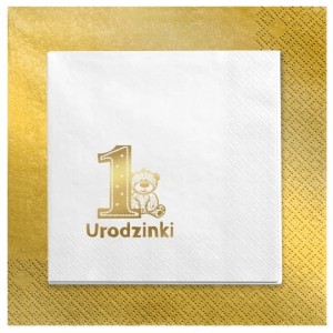 Serwetki Białe 1 Urodzinki Miś Roczek stare złoto 24szt.
